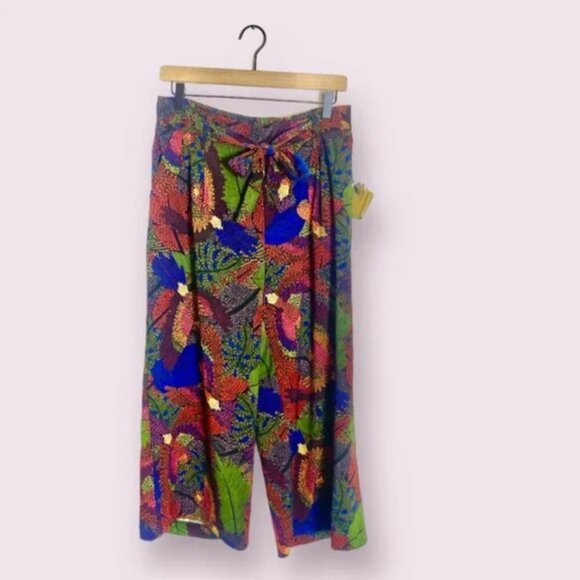 ⭐️ Parrot Bird Wide Leg Tie Summer Animal Floral Flower Hippie Artsy Belt Pants - Picture 1 of 6